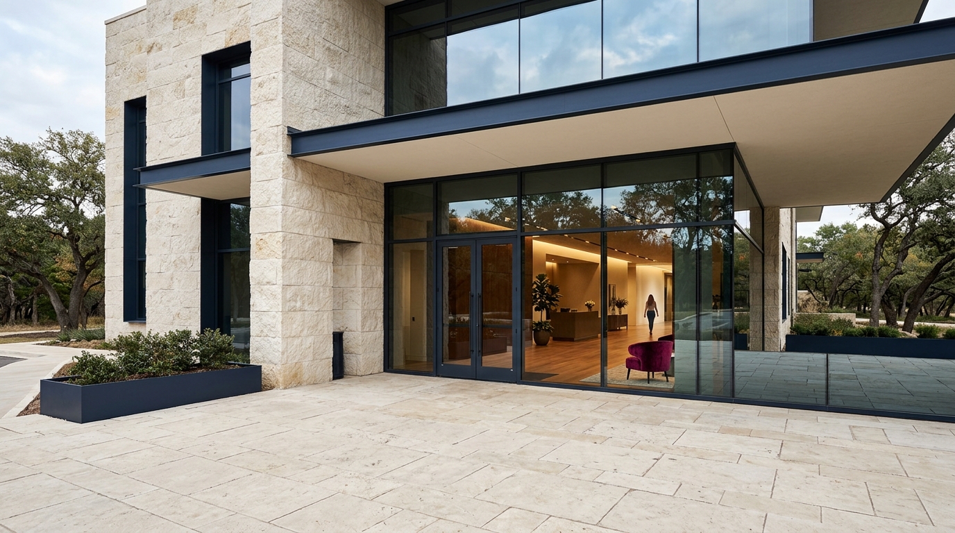 Original photograph of contemporary architectural residence with glass entrance